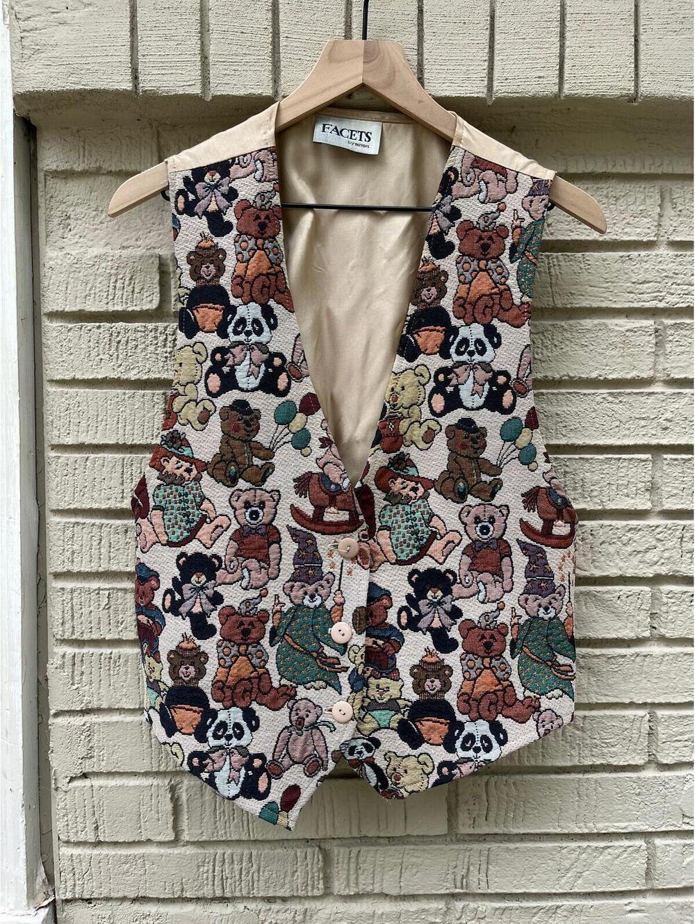 Vintage 90s Teddy Bear Embroidered Large L Vest Adjustable Novelty Kitsch Whimsy